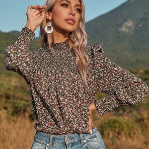 SHEIN Ditsy Floral Print Shirred Blouse